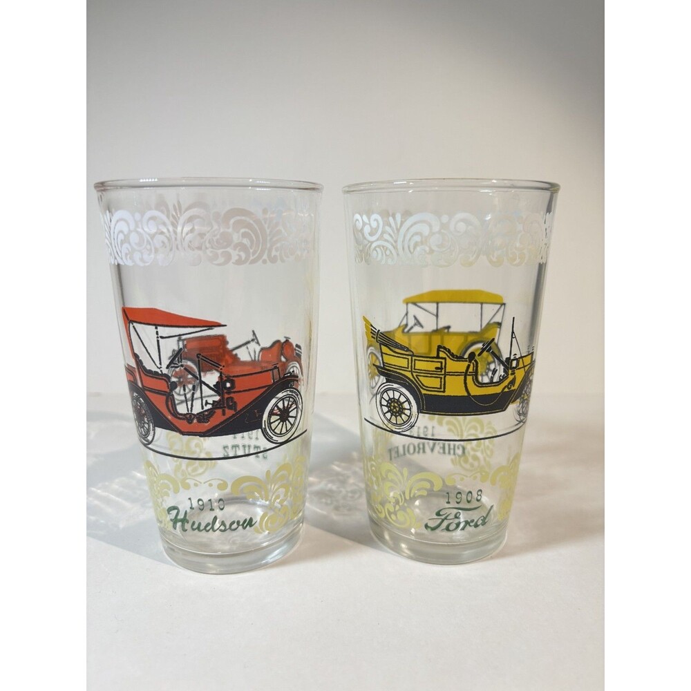 2 Vintage Hazel Atlas Antique Classic Car Drinking Glasses, Ford Hudson Chevy
